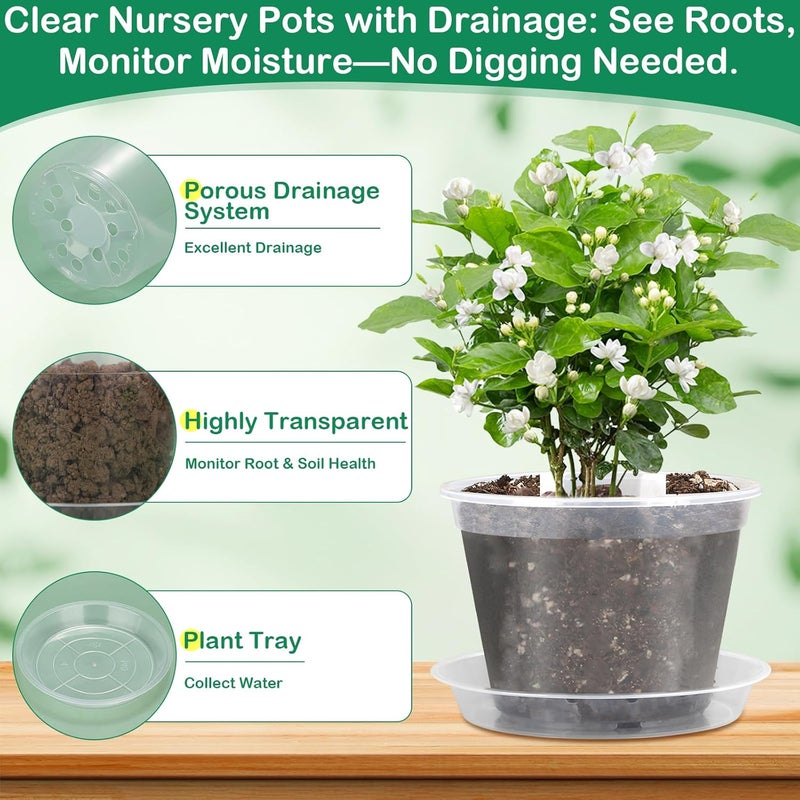 Jollidecor 30Pcs Clear Plastic Nursery Pots with Drainage Holes and Saucers, 2.8/3.1/3.5/3.9/5.1/5.9/7.1Inch Seedling Starter Pots with Tool for Indoor Outdoor Gardening Flower, Herb, Succulent Transplanting - Image 2